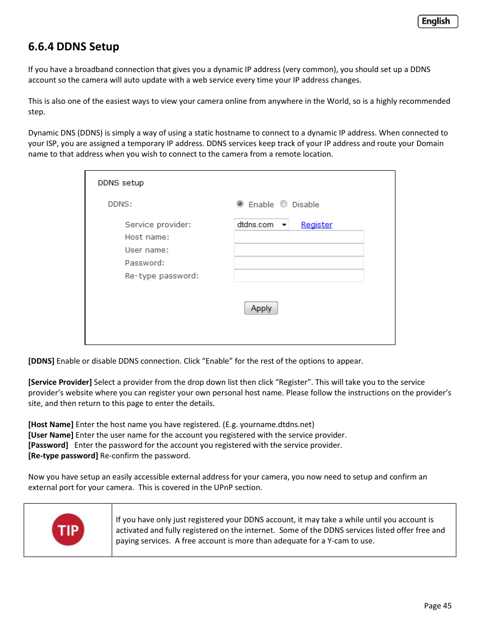 4 ddns setup, Ddns, Etup | Y-cam EyeBall Range User Manual | Page 45 / 88