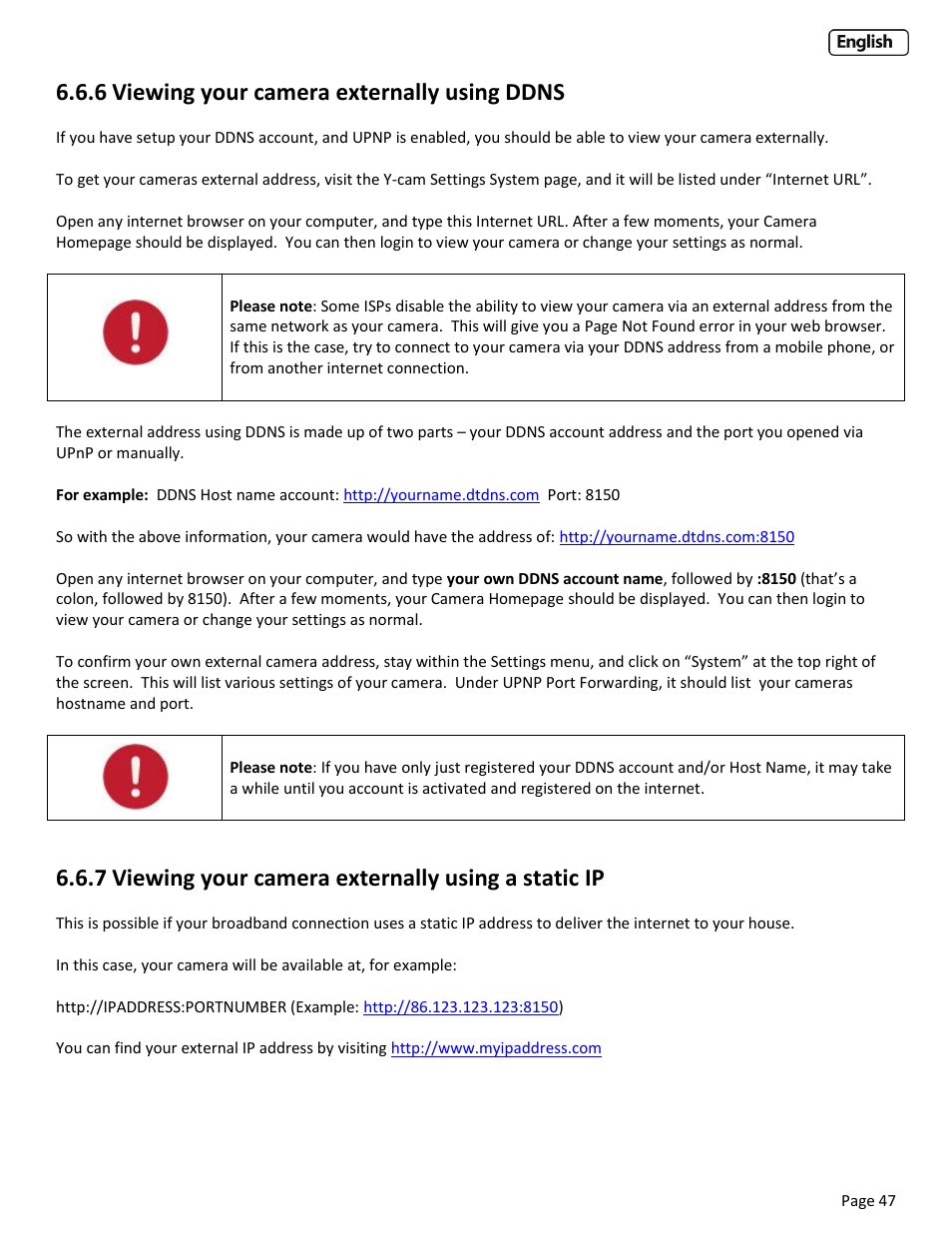 6 viewing your camera externally using ddns, 7 viewing your camera externally using a static ip, Iewing your camera externally using | Ddns, Iewing your camera externally using a static | Y-cam EyeBall Range User Manual | Page 47 / 88