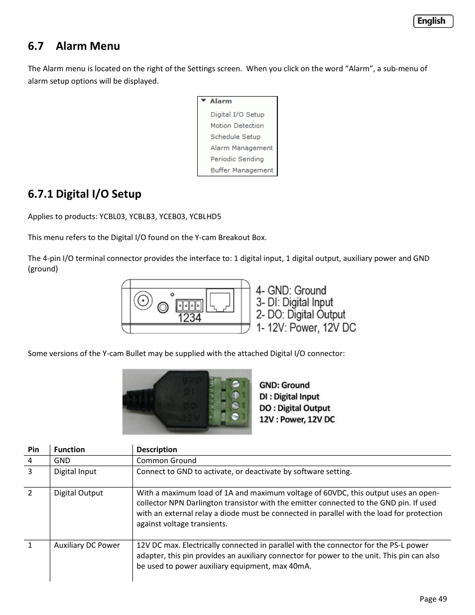7 alarm menu, 1 digital i/o setup, Larm | Igital, Etup | Y-cam EyeBall Range User Manual | Page 49 / 88