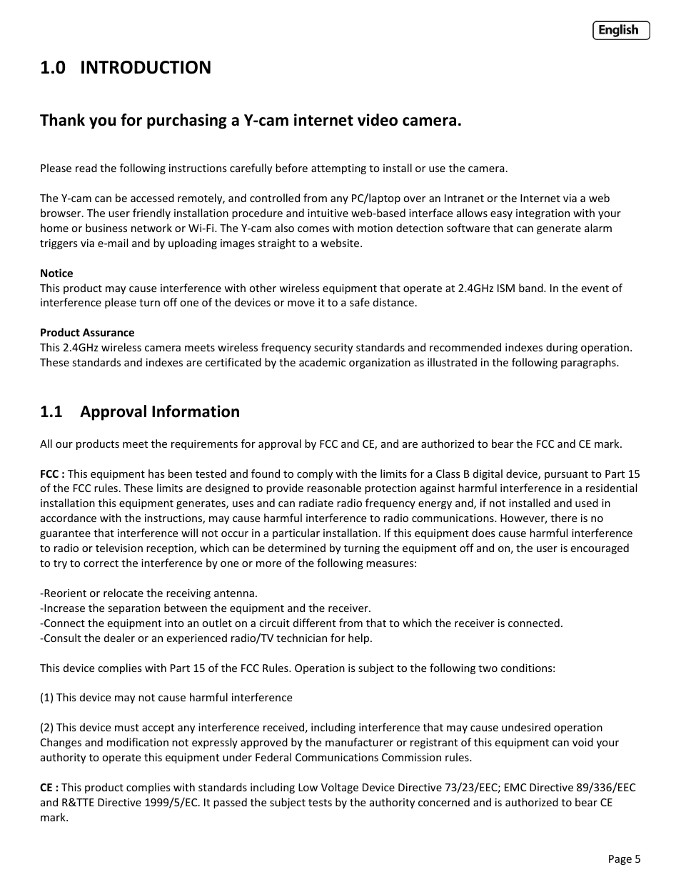 0 introduction, 1 approval information, Introduction | Pproval, Nformation | Y-cam EyeBall Range User Manual | Page 5 / 88