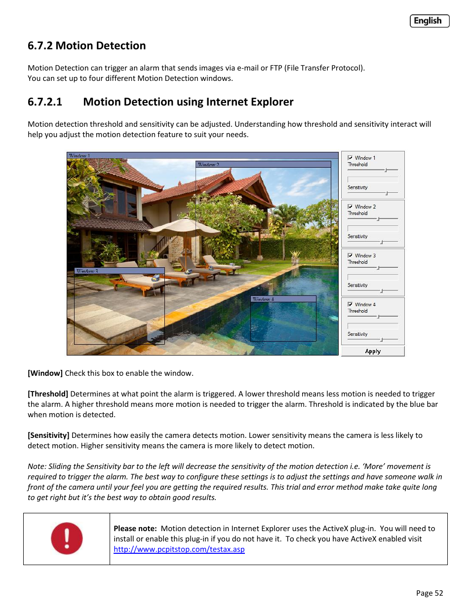 2 motion detection, 1 motion detection using internet explorer, Otion | Etection, Etection using, Nternet, Xplorer | Y-cam EyeBall Range User Manual | Page 52 / 88