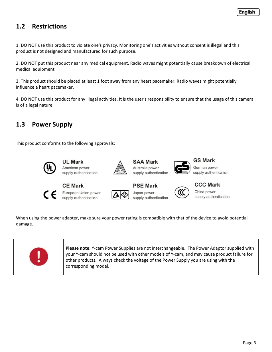 2 restrictions, 3 power supply, Estrictions | Ower, Upply | Y-cam EyeBall Range User Manual | Page 6 / 88