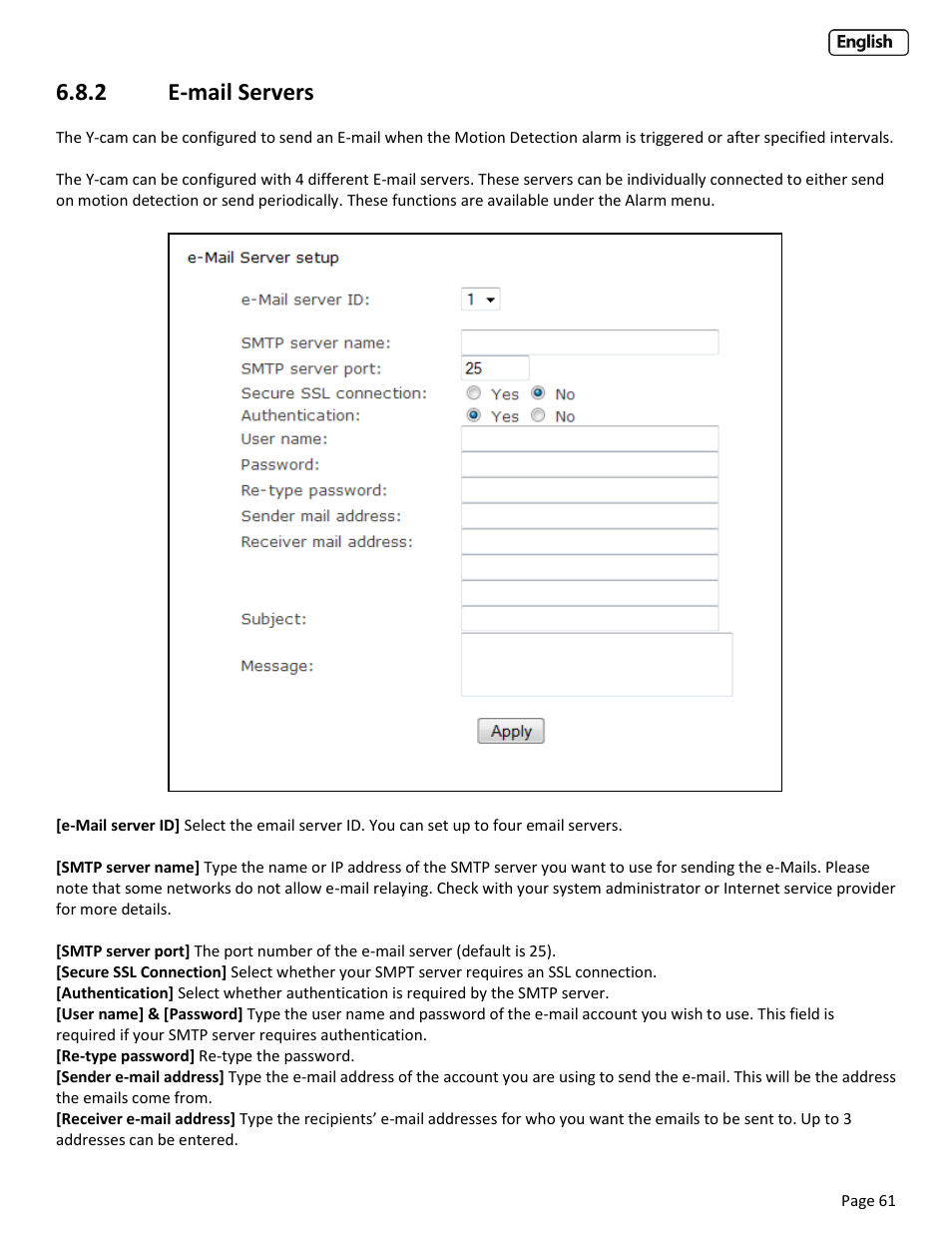 2 e-mail servers, Mail, Ervers | Y-cam EyeBall Range User Manual | Page 61 / 88