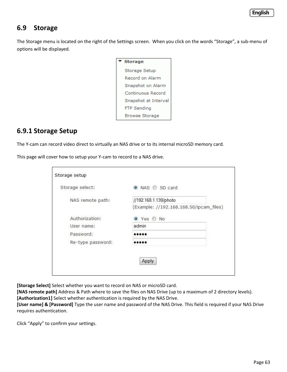 9 storage, 1 storage setup, Torage | Etup | Y-cam EyeBall Range User Manual | Page 63 / 88