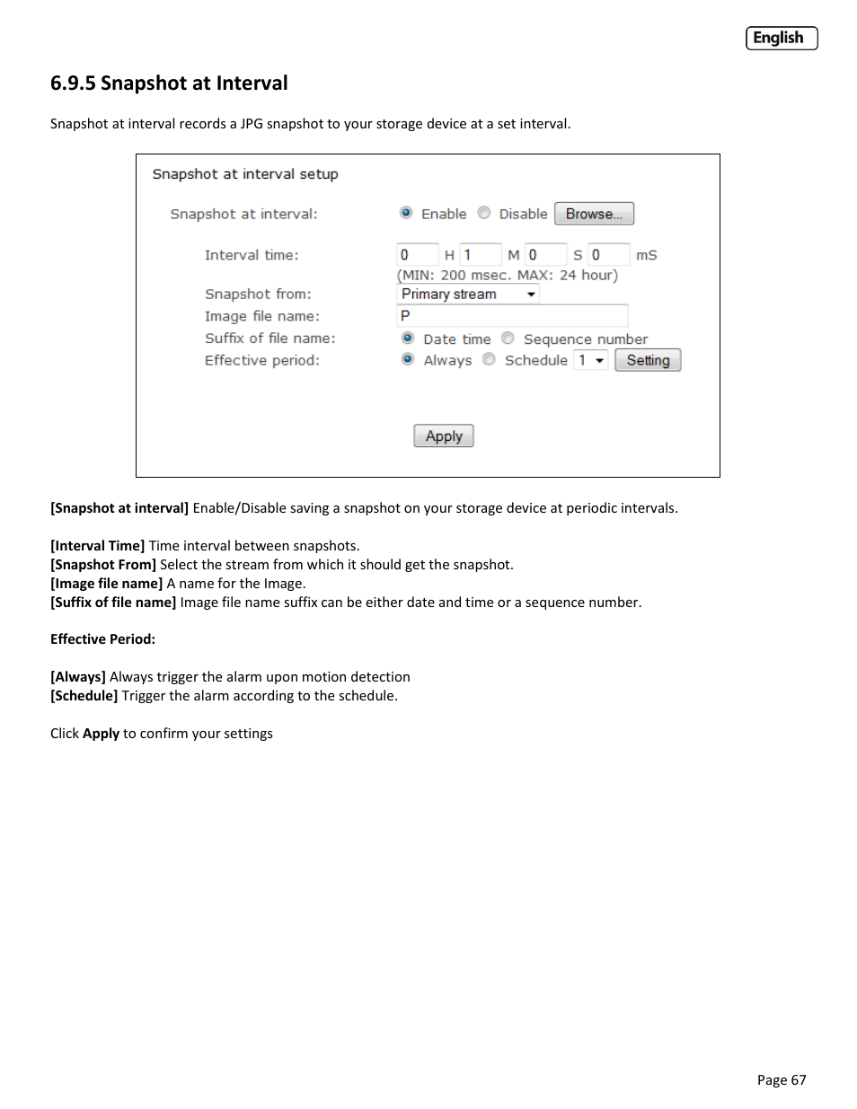 5 snapshot at interval, Napshot at, Nterval | Y-cam EyeBall Range User Manual | Page 67 / 88
