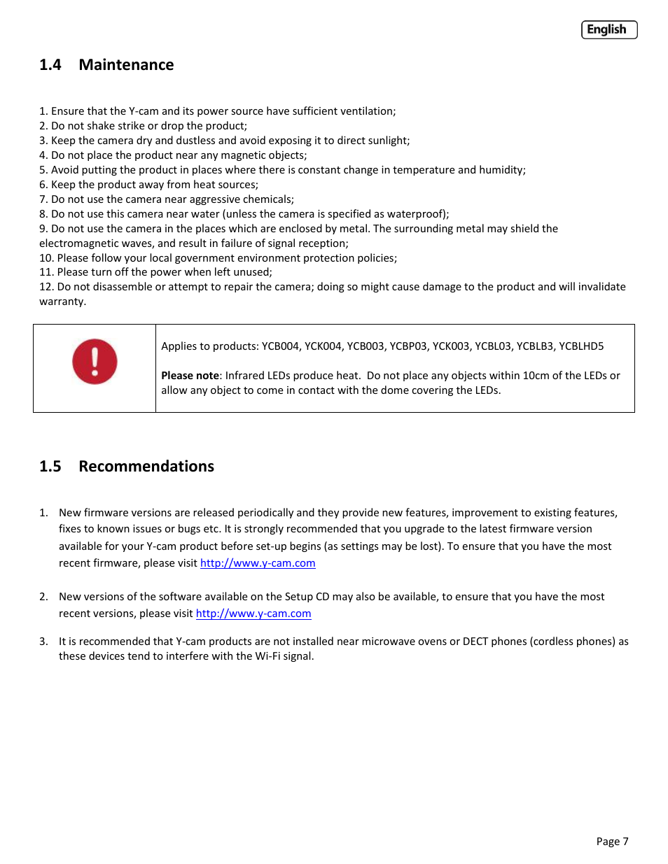 4 maintenance, 5 recommendations, Aintenance | Ecommendations | Y-cam EyeBall Range User Manual | Page 7 / 88