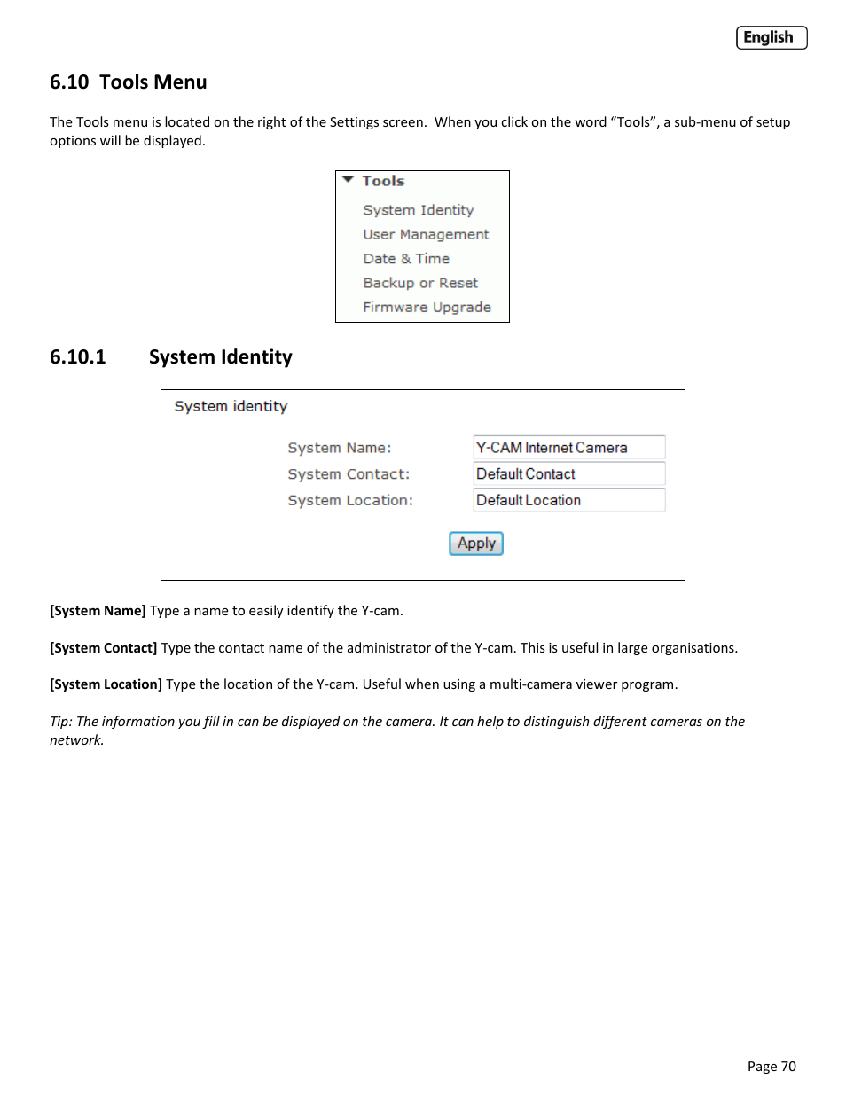 10 tools menu, 1 system identity, 10 t | Ools, Ystem, Dentity | Y-cam EyeBall Range User Manual | Page 70 / 88