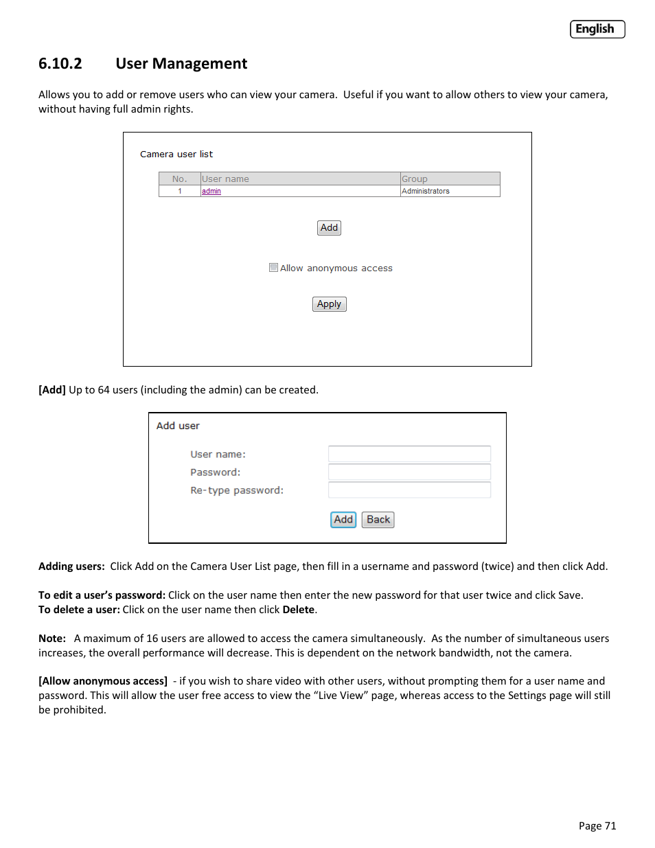 2 user management, Anagement | Y-cam EyeBall Range User Manual | Page 71 / 88