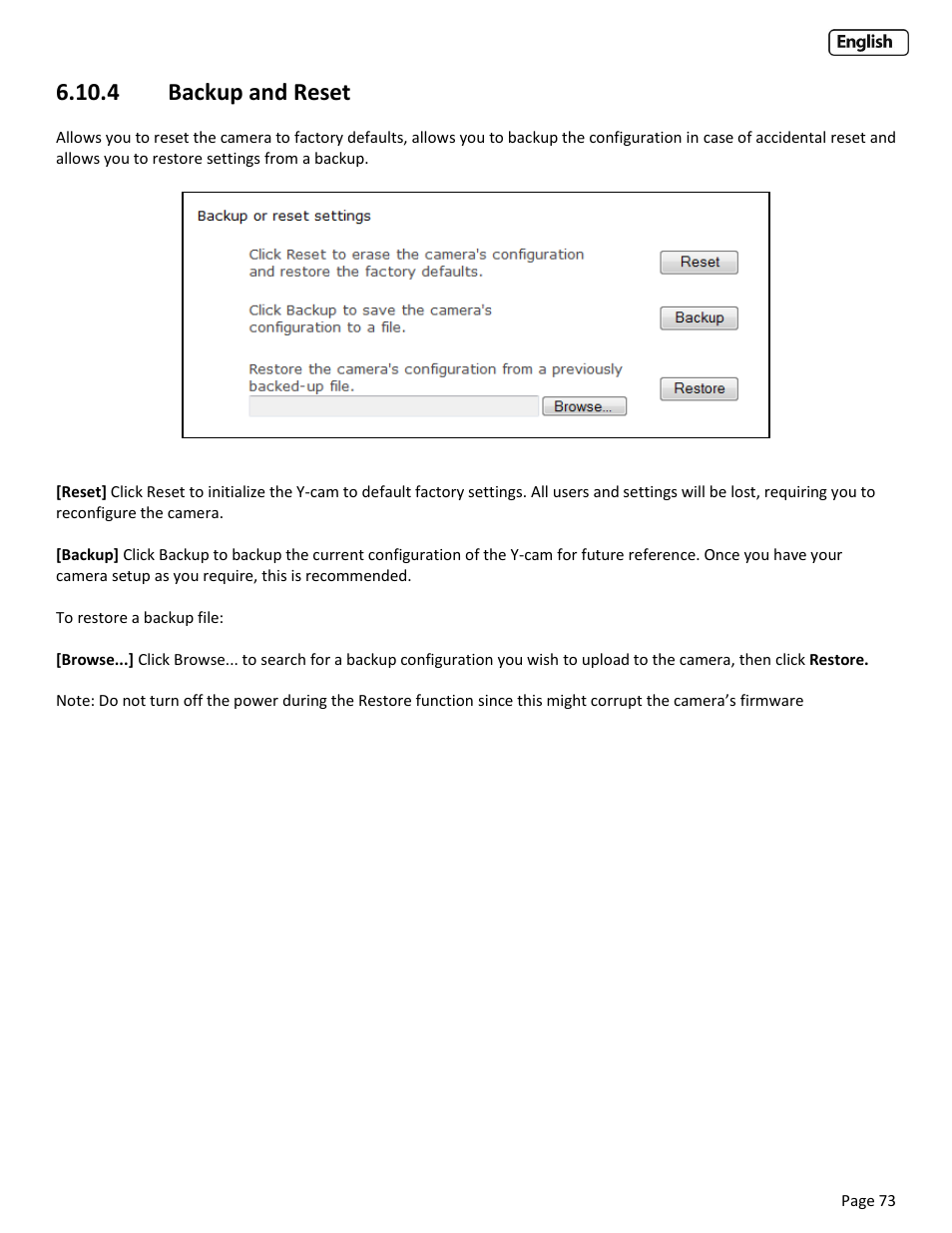 4 backup and reset, Ackup and, Eset | Y-cam EyeBall Range User Manual | Page 73 / 88