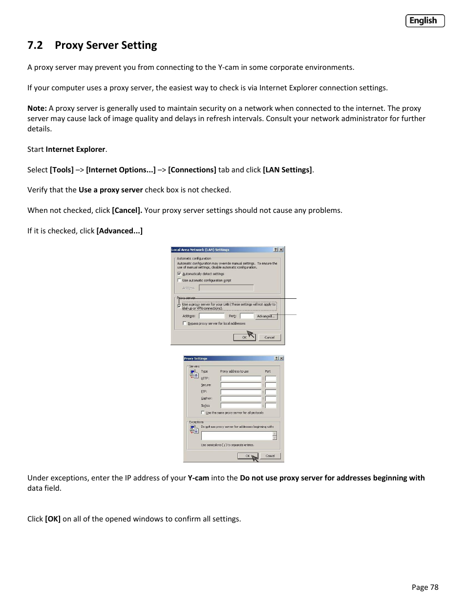 2 proxy server setting, Roxy, Erver | Etting | Y-cam EyeBall Range User Manual | Page 78 / 88