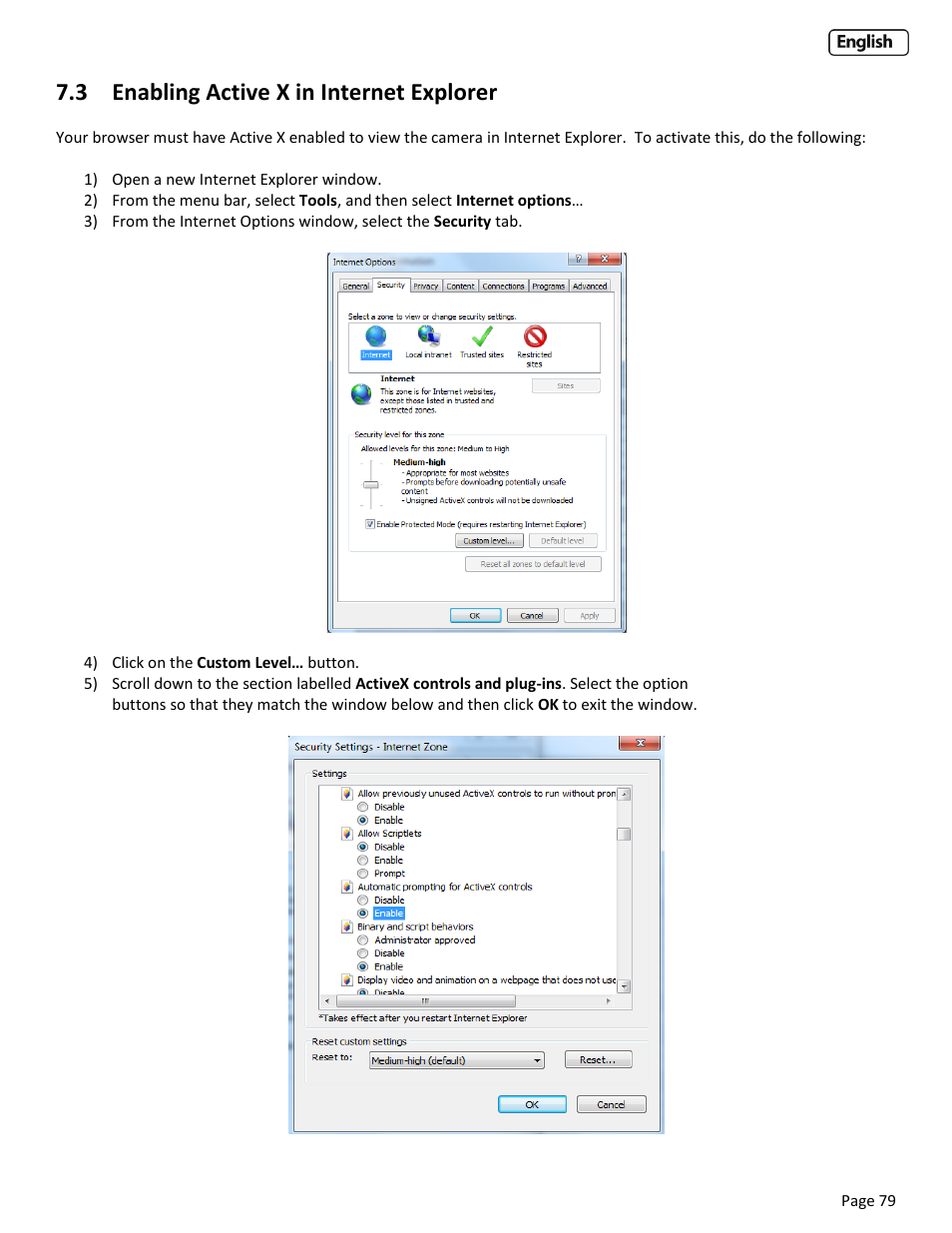 3 enabling active x in internet explorer, Nabling, Ctive | Nternet, Xplorer | Y-cam EyeBall Range User Manual | Page 79 / 88