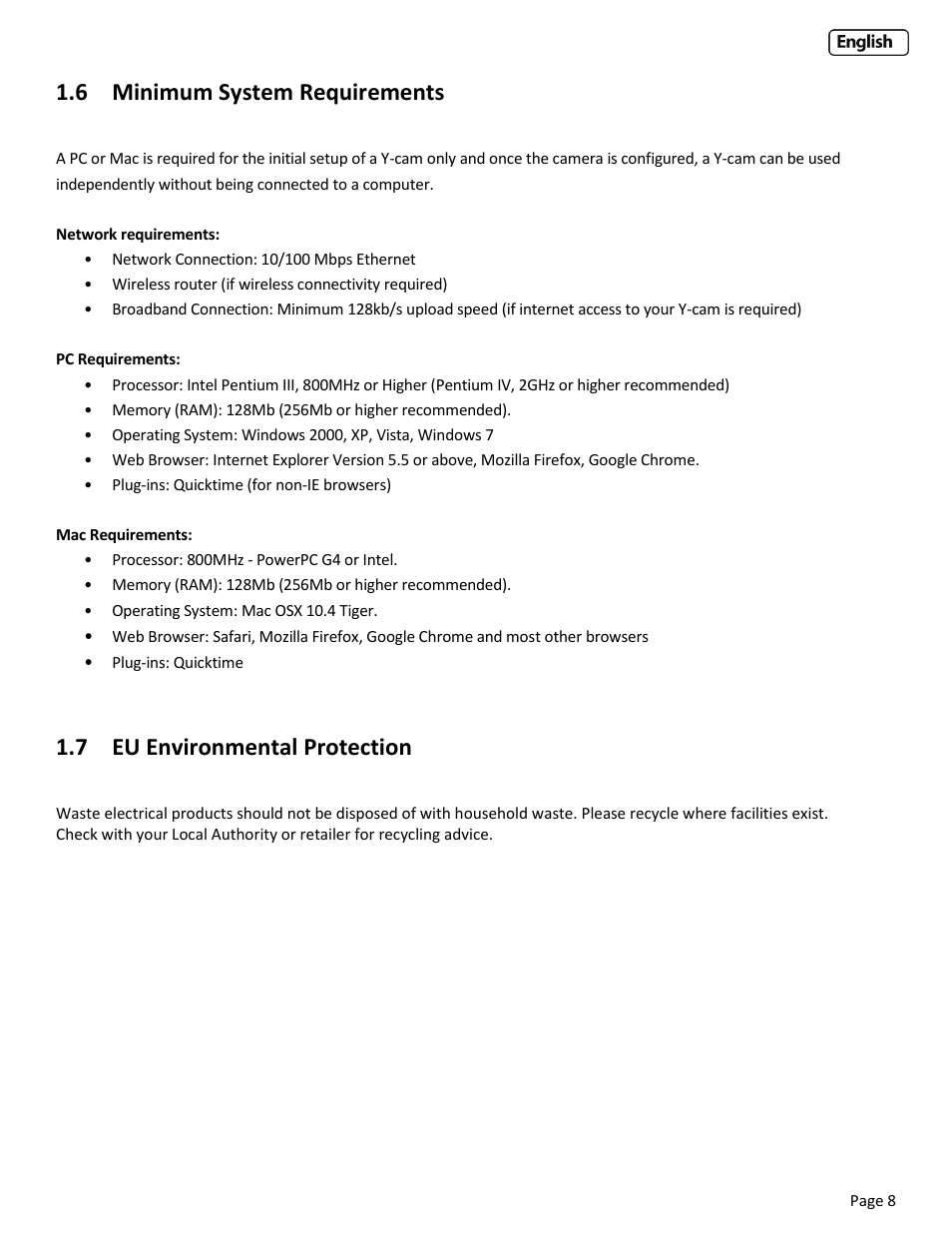 6 minimum system requirements, 7 eu environmental protection, Inimum | Ystem, Equirements, Nvironmental, Rotection | Y-cam EyeBall Range User Manual | Page 8 / 88