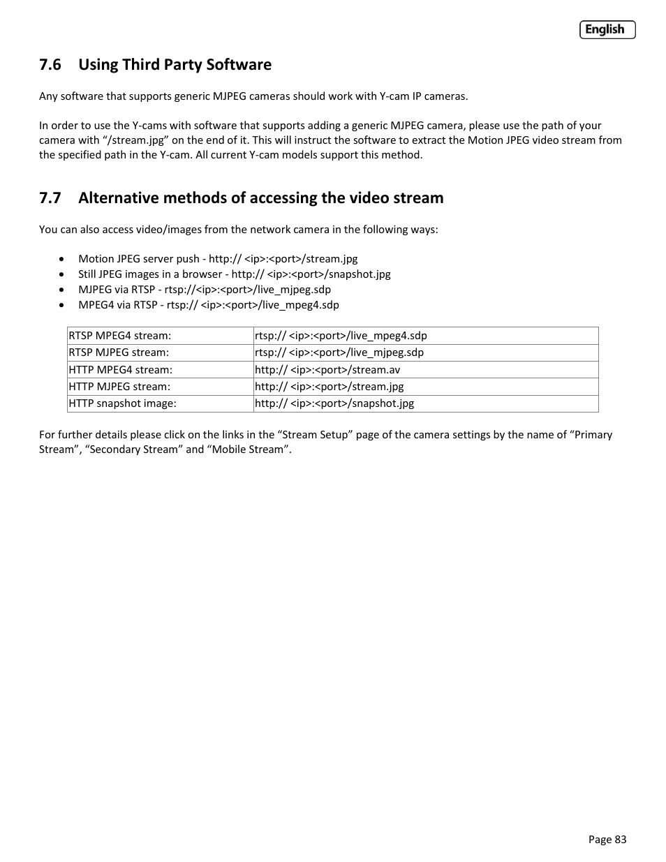 6 using third party software, Sing, Hird | Arty, Oftware, Lternative methods of accessing the video stream | Y-cam EyeBall Range User Manual | Page 83 / 88