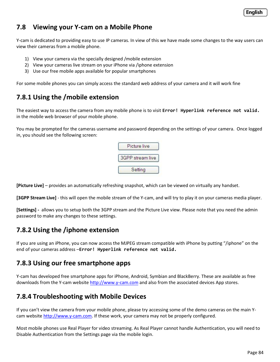 8 viewing your y-cam on a mobile phone, 1 using the /mobile extension, 2 using the /iphone extension | 3 using our free smartphone apps, 4 troubleshooting with mobile devices, Iewing your, Cam on a, Obile, Hone, Sing the | Y-cam EyeBall Range User Manual | Page 84 / 88