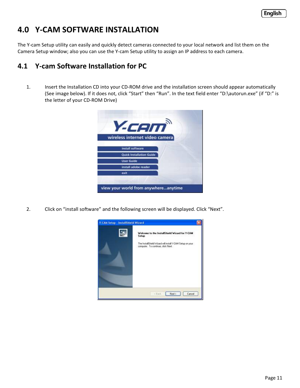 0 y‐cam software installation, 1 y‐cam software installation for pc, Oftware | Nstallation for | Y-cam Classic Range User Manual | Page 11 / 66