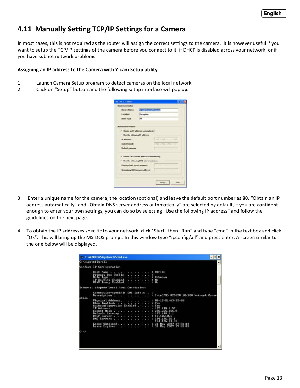11 manually setting tcp/ip settings fo, Anually, Etting | Tcp/ip, Ettings for a, Amera, 11 manually setting tcp/ip settings for a camera | Y-cam Classic Range User Manual | Page 13 / 66