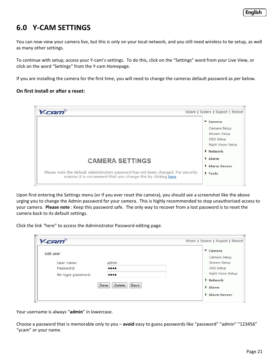 0 y‐cam settings | Y-cam Classic Range User Manual | Page 21 / 66