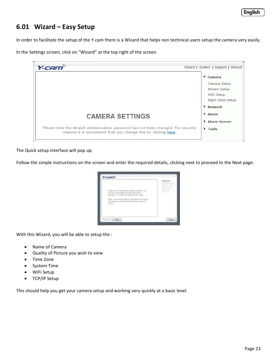 01 wizard – easy setup, Izard, Etup | Y-cam Classic Range User Manual | Page 23 / 66