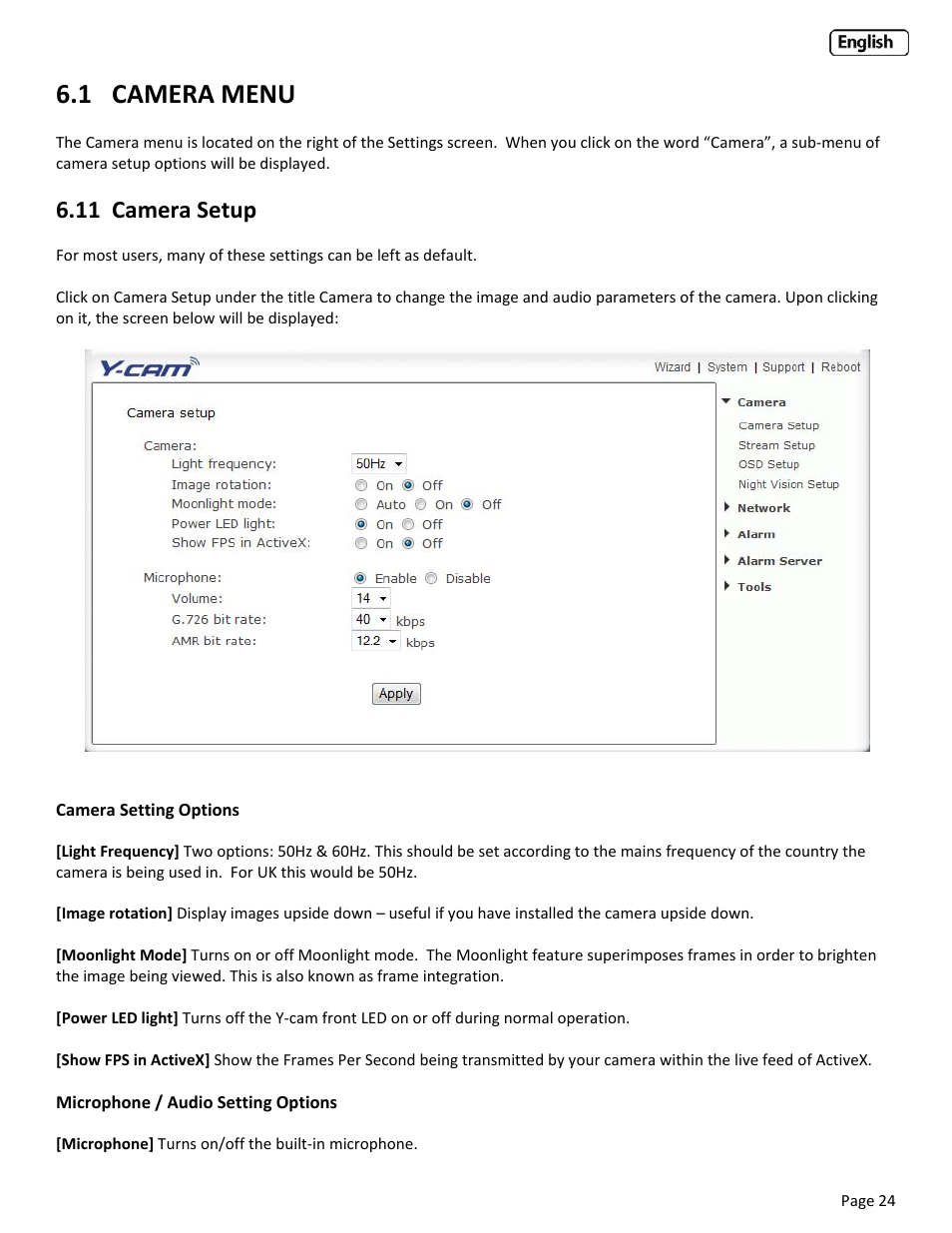 1 camera menu, 11 camera setup, Amera | Etup | Y-cam Classic Range User Manual | Page 24 / 66