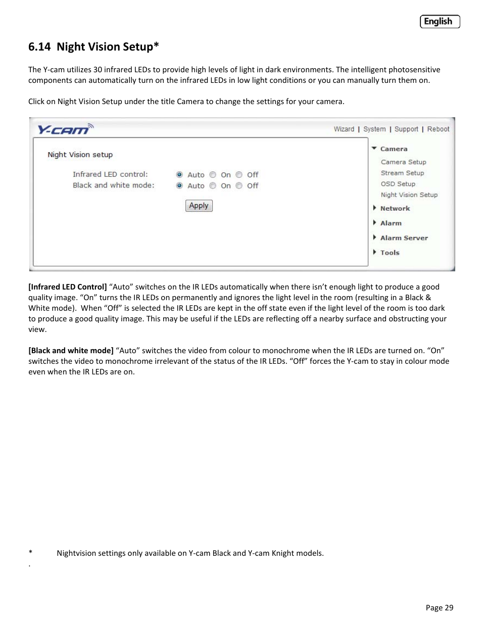 14 night vision setup, Ight, Ision | Etup | Y-cam Classic Range User Manual | Page 29 / 66