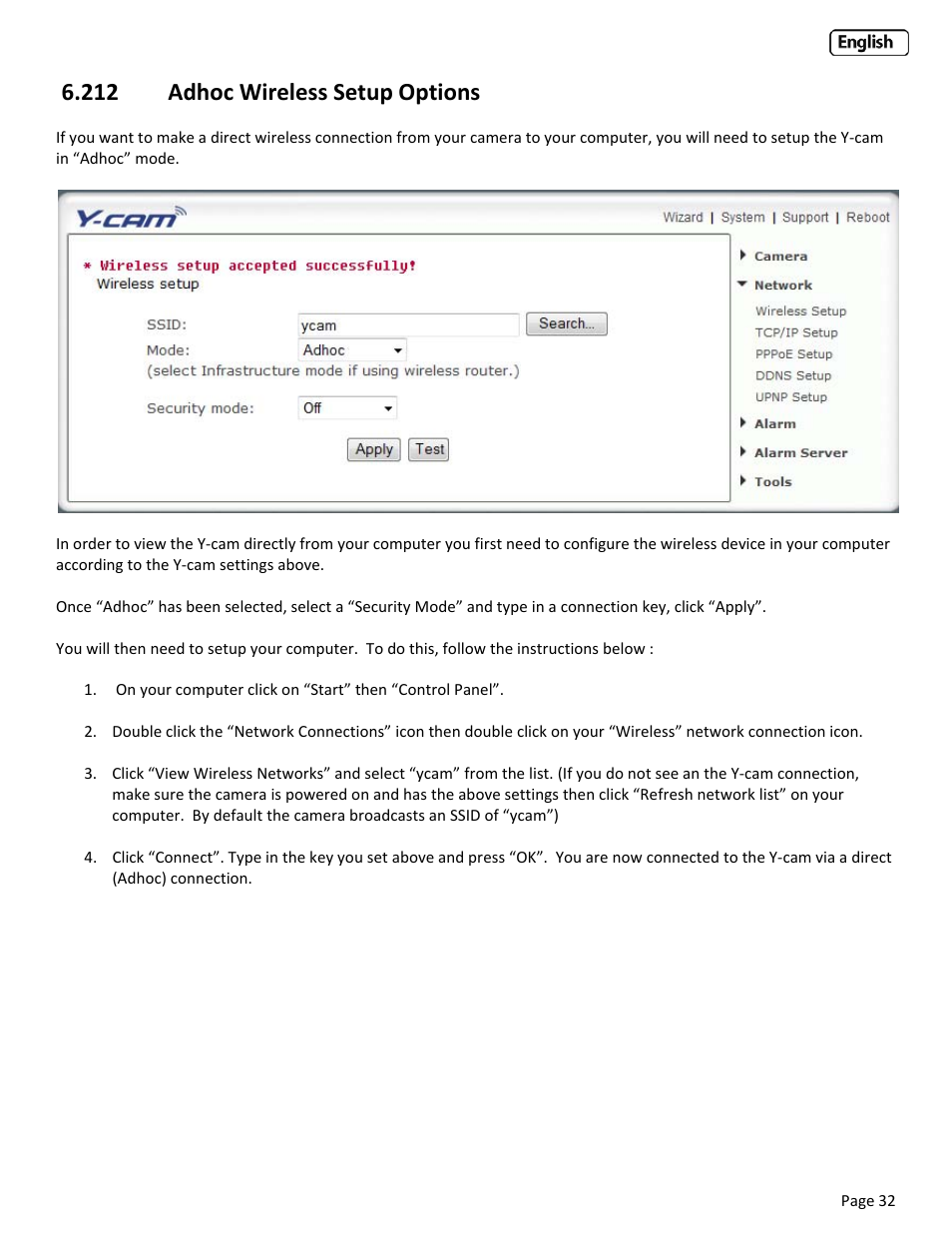 212 adhoc wireless setup options, Dhoc, Ireless | Etup, Ptions | Y-cam Classic Range User Manual | Page 32 / 66