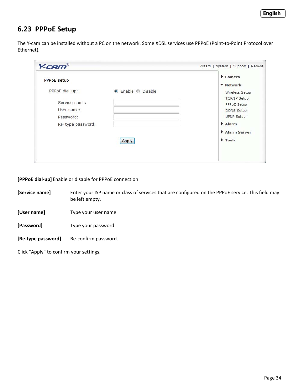 23 pppoe setup, Etup | Y-cam Classic Range User Manual | Page 34 / 66