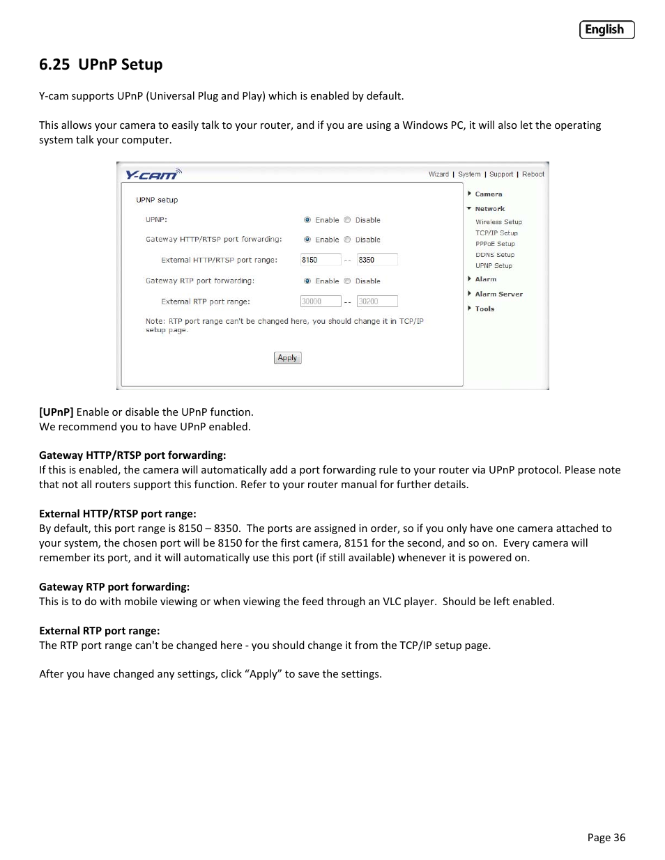 25 upnp setup, Etup | Y-cam Classic Range User Manual | Page 36 / 66