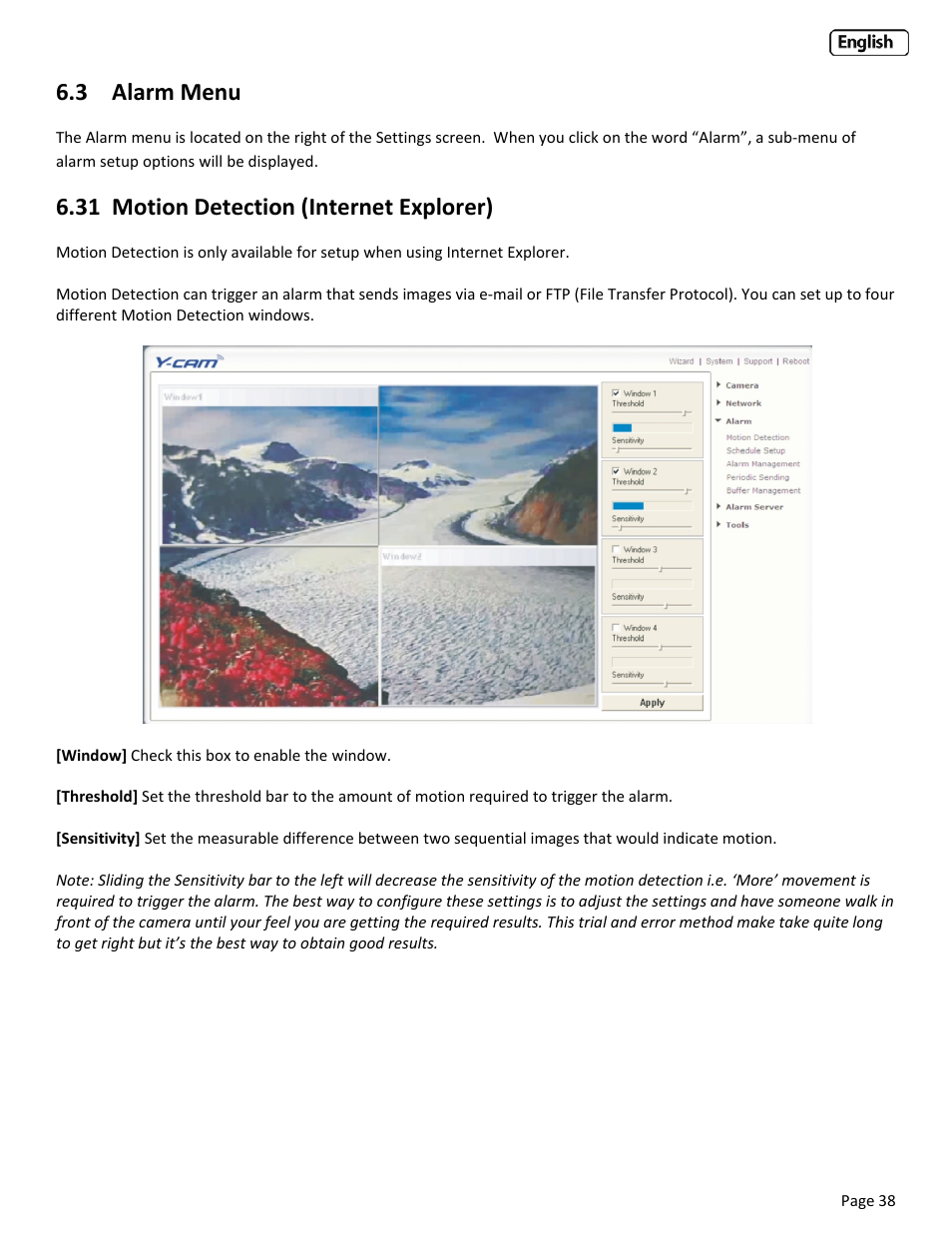 3 alarm menu, 31 motion detection (internet explorer, Larm | Otion, Etection, Nternet, Xplorer, 31 motion detection (internet explorer) | Y-cam Classic Range User Manual | Page 38 / 66