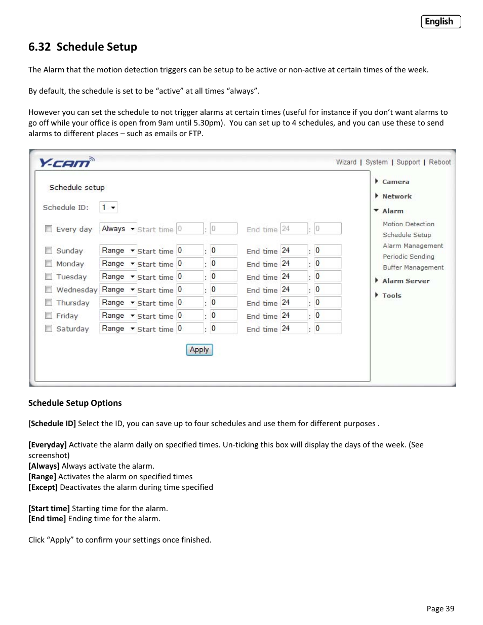 32 schedule setup, Chedule, Etup | Y-cam Classic Range User Manual | Page 39 / 66