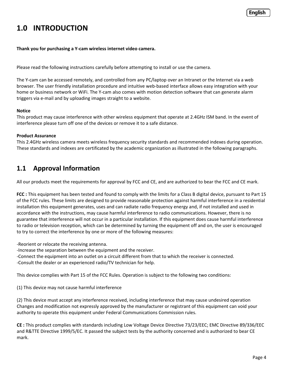 0 introduction, 1 approval information, Pproval | Nformation | Y-cam Classic Range User Manual | Page 4 / 66