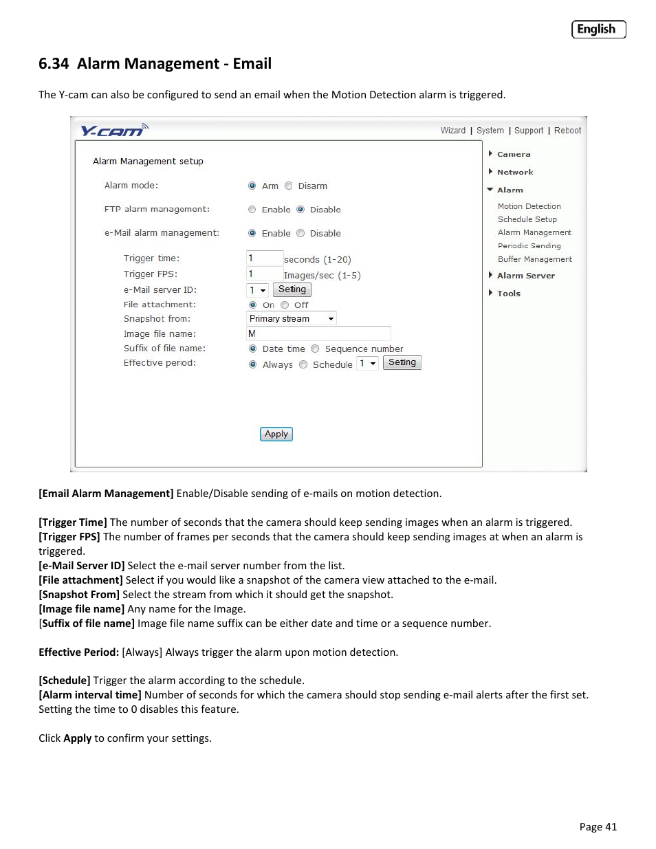 34 alarm management ‐ email, Larm, Anagement | Mail | Y-cam Classic Range User Manual | Page 41 / 66