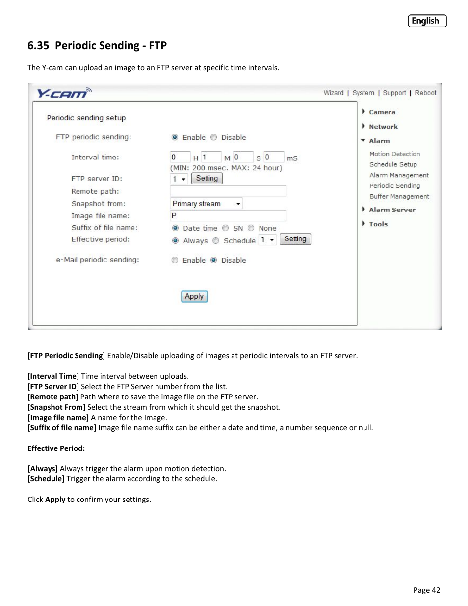 35 periodic sending ‐ ftp, Eriodic, Ending | Y-cam Classic Range User Manual | Page 42 / 66