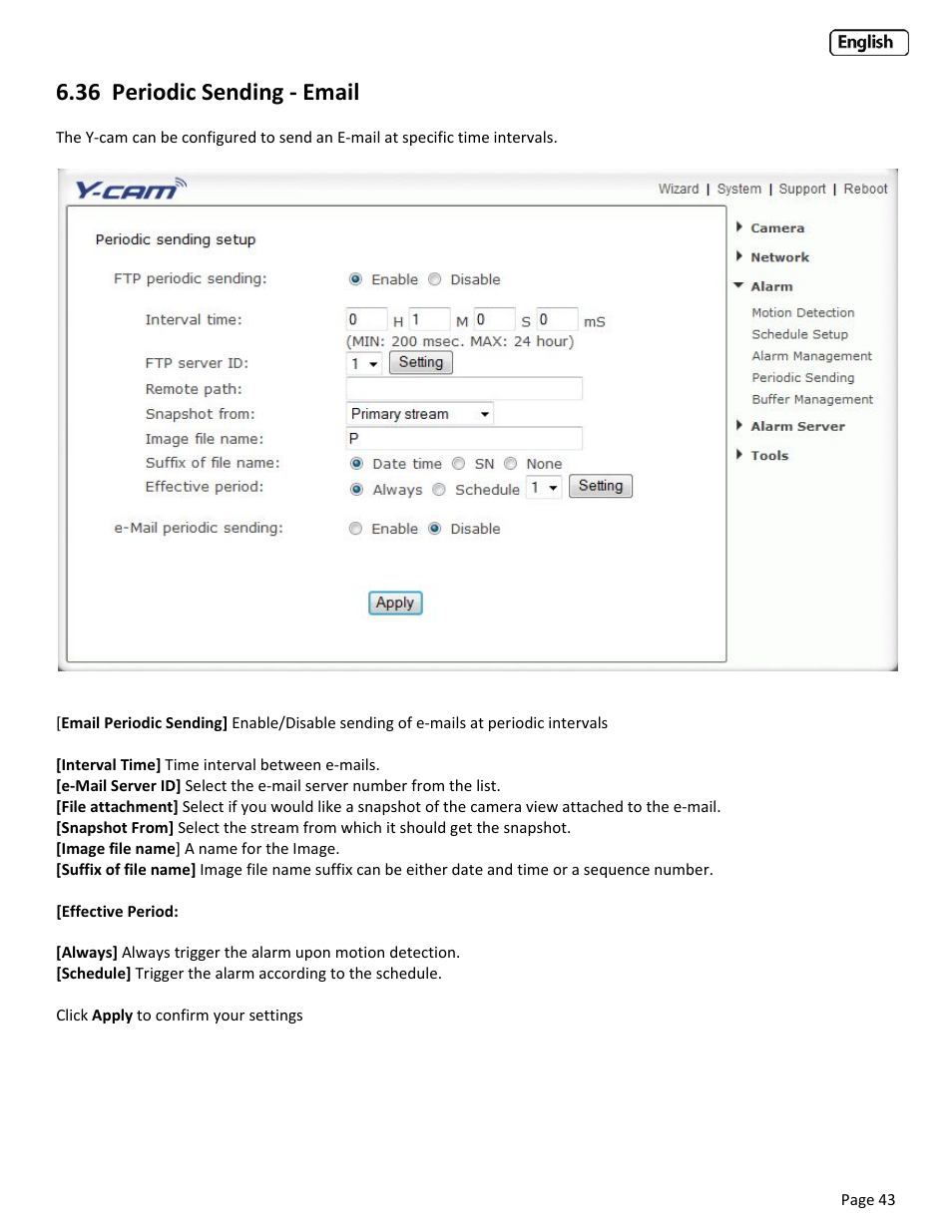 36 periodic sending ‐ email, Eriodic, Ending | Mail | Y-cam Classic Range User Manual | Page 43 / 66