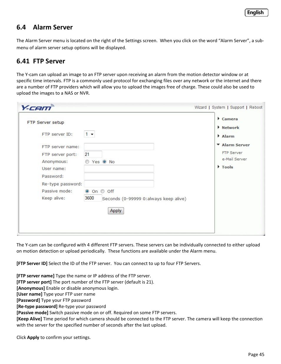 4 alarm server, 41 ftp server, Larm | Erver | Y-cam Classic Range User Manual | Page 45 / 66
