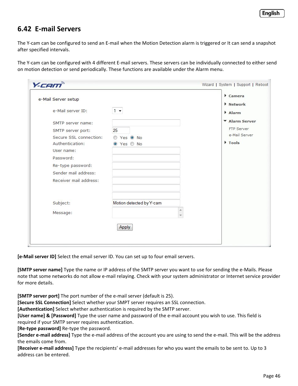 42 e‐mail servers, Mail, Ervers | Y-cam Classic Range User Manual | Page 46 / 66