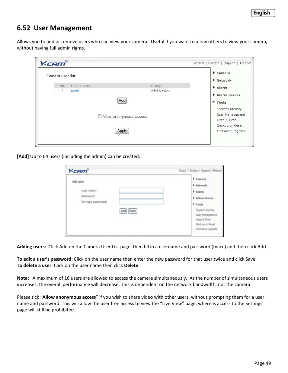 52 user management, Anagement | Y-cam Classic Range User Manual | Page 49 / 66
