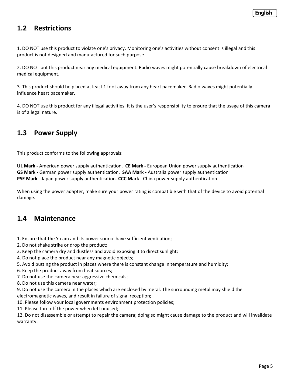2 restrictions, 3 power supply, 4 maintenance | Estrictions, Ower, Upply, Aintenance | Y-cam Classic Range User Manual | Page 5 / 66