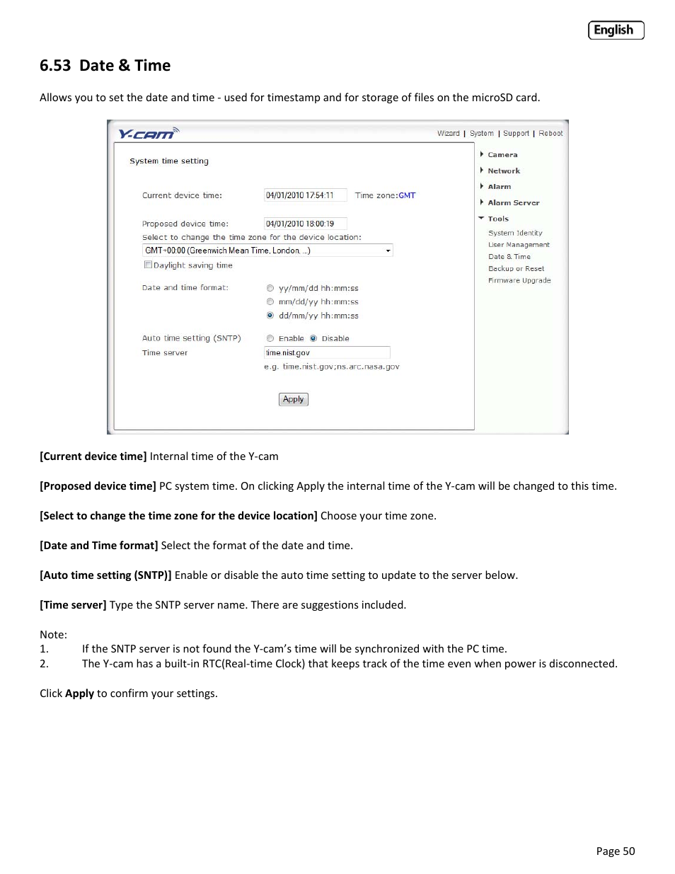 53 date & time | Y-cam Classic Range User Manual | Page 50 / 66