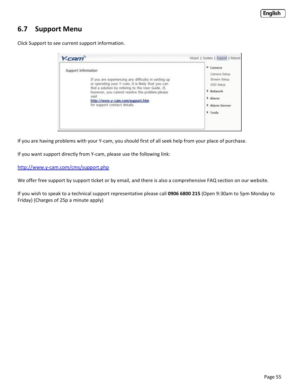 7 support menu, Upport | Y-cam Classic Range User Manual | Page 55 / 66