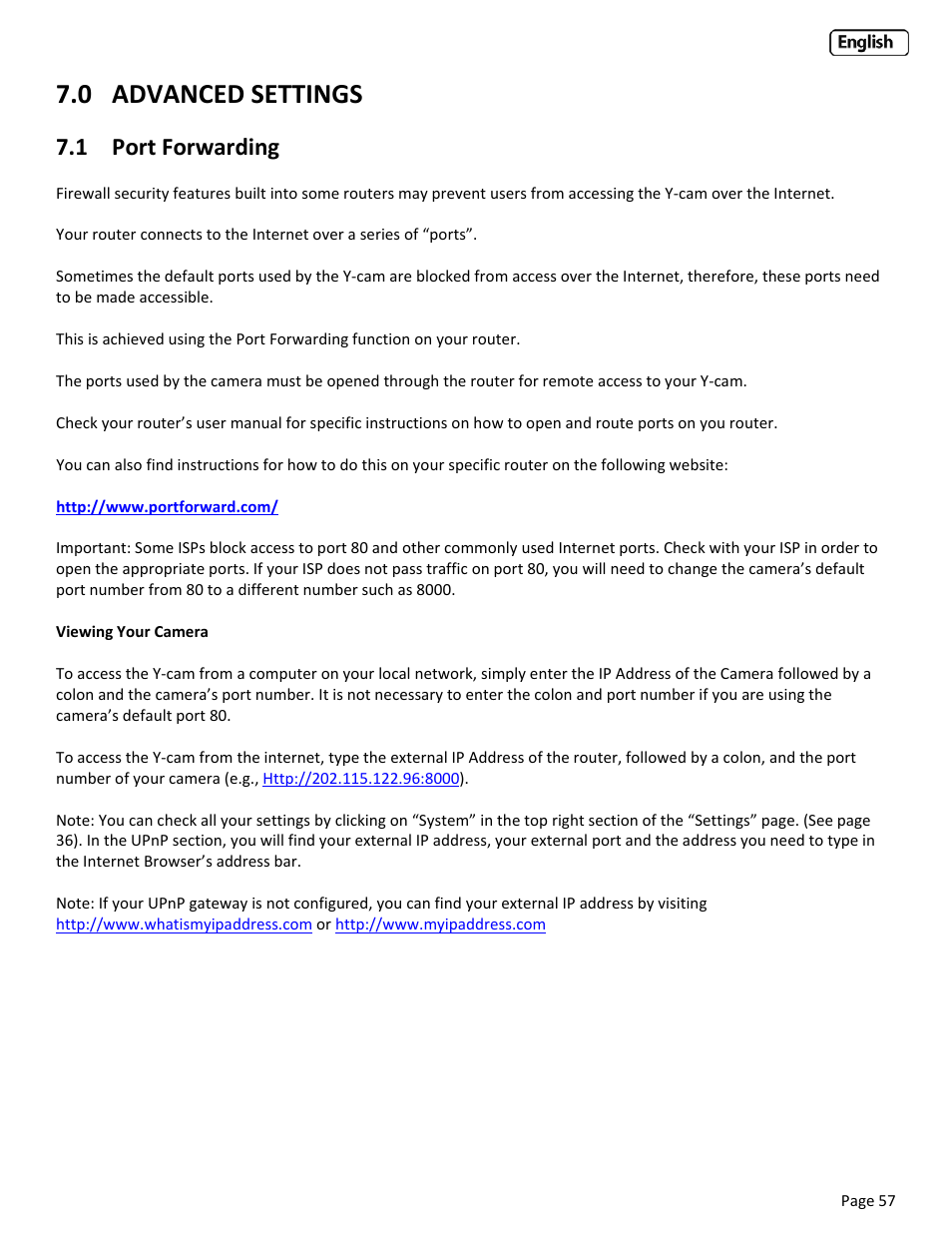 0 advanced settings, 1 port forwarding, Orwarding | Y-cam Classic Range User Manual | Page 57 / 66