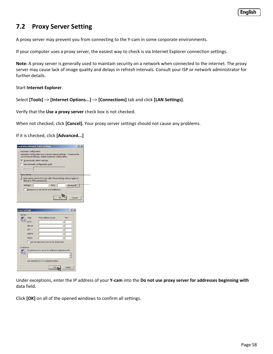 2 proxy server setting, Roxy, Erver | Etting | Y-cam Classic Range User Manual | Page 58 / 66