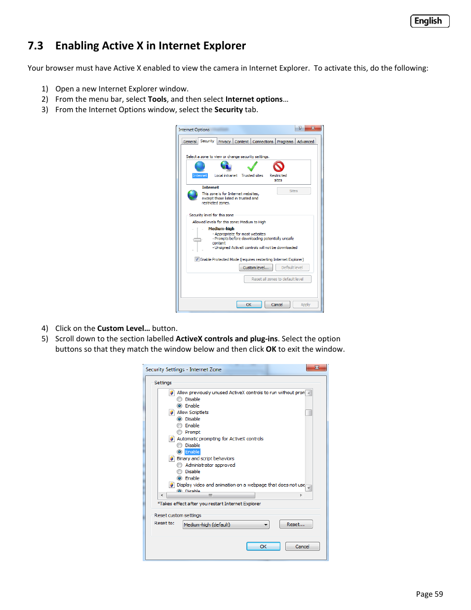 3 enabling active x in internet explor, Nabling, Ctive | Nternet, Xplorer, 3 enabling active x in internet explorer | Y-cam Classic Range User Manual | Page 59 / 66