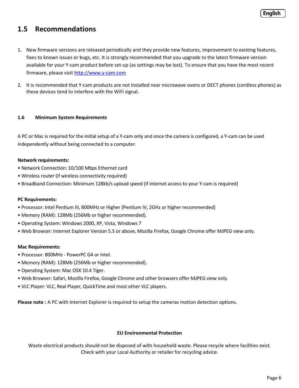 5 recommendations, 6 minimum system requirements, Ecommendations | Inimum, Ystem, Equirements | Y-cam Classic Range User Manual | Page 6 / 66