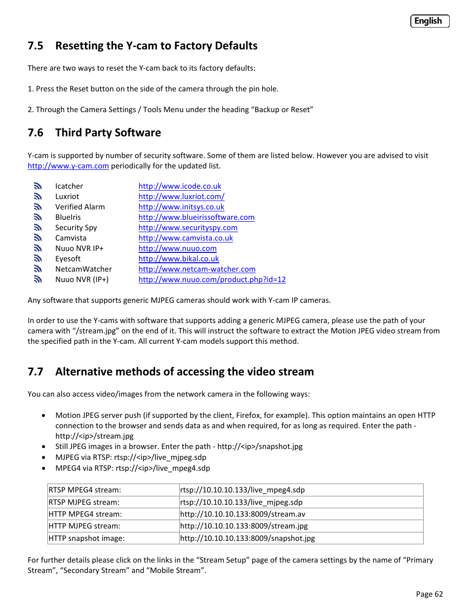 5 resetting the y‐cam to factory defau, 6 third party software, 7 alternative methods of accessing th | Esetting the, Cam to, Actory, Efaults, Hird, Arty, Oftware | Y-cam Classic Range User Manual | Page 62 / 66
