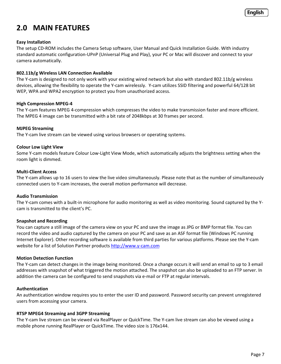 0 main features | Y-cam Classic Range User Manual | Page 7 / 66