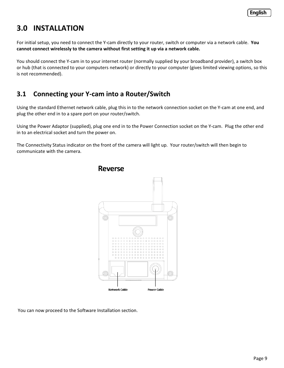 0 installation, 1 connecting your y‐cam into a router, Onnecting your | Cam into a, Outer, Witch, 1 connecting your y‐cam into a router/switch | Y-cam Classic Range User Manual | Page 9 / 66