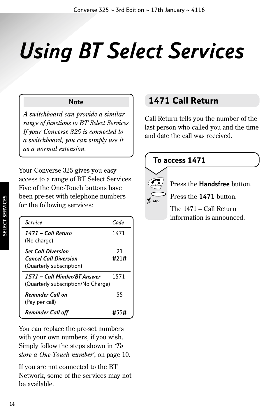 Using bt select services, 1471 call return | BT 325 User Manual | Page 15 / 23