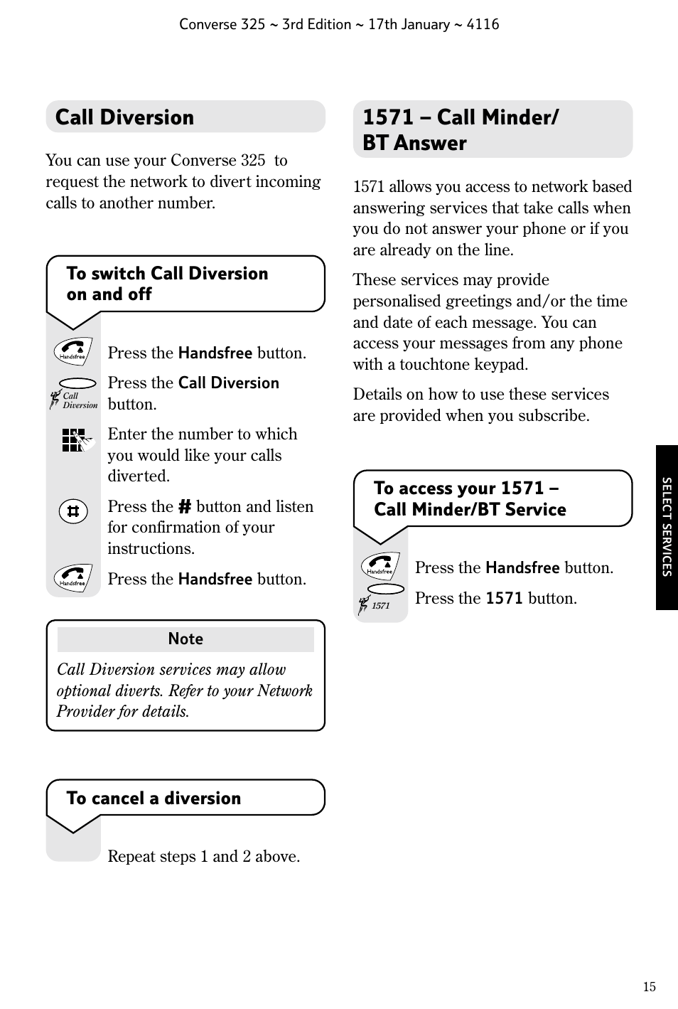 1571 – call minder/ bt answer, Call diversion | BT 325 User Manual | Page 16 / 23