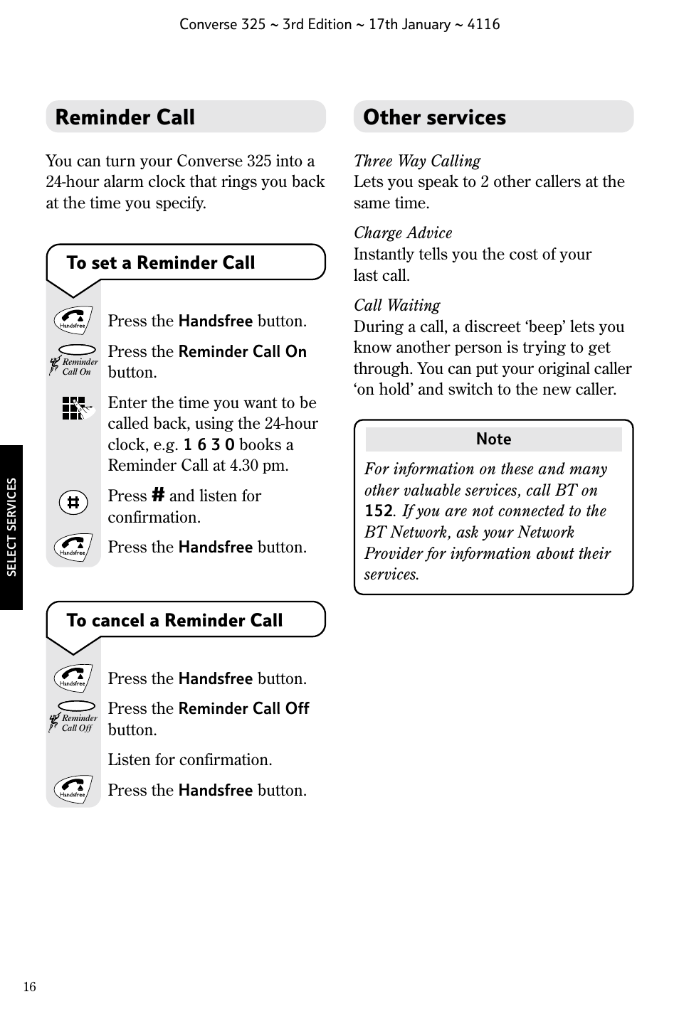 Other services, Reminder call | BT 325 User Manual | Page 17 / 23