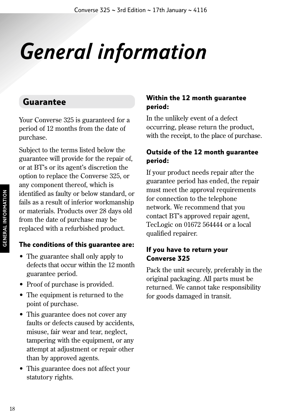 General information, Guarantee | BT 325 User Manual | Page 19 / 23